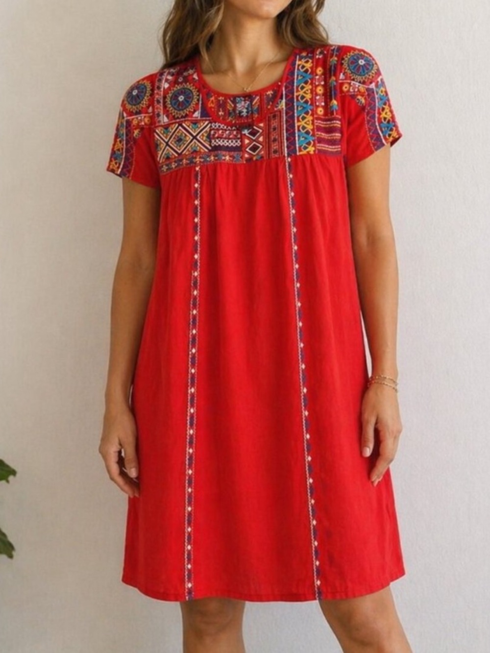 Johnny Was Red Embroidered Short Sleeve Dress